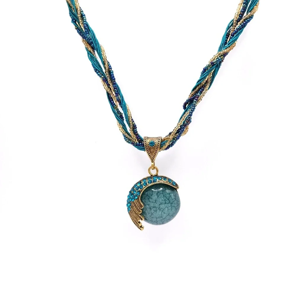Turquoise Cord Necklace Blue Orb Pendant Crystal Crescent Statement Coastal Glam